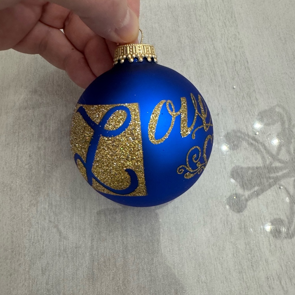Love Gold Glitter Blue Glass Christmas Ornament